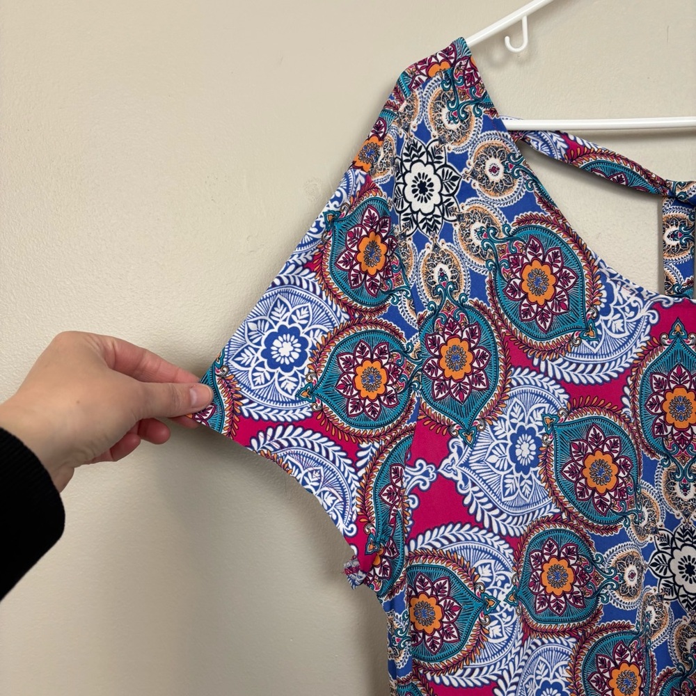 Chico's Medallion Cluster Print Midi Dress Sz 16/18 Multicolor Tie Back Stretch - Picture 4 of 11